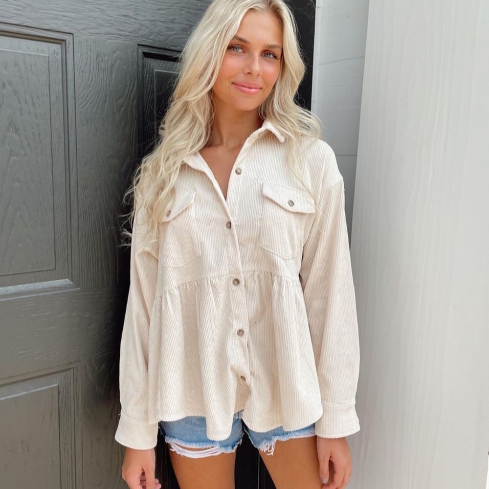 Cream Ribbed Ruffled Babydoll Shacket